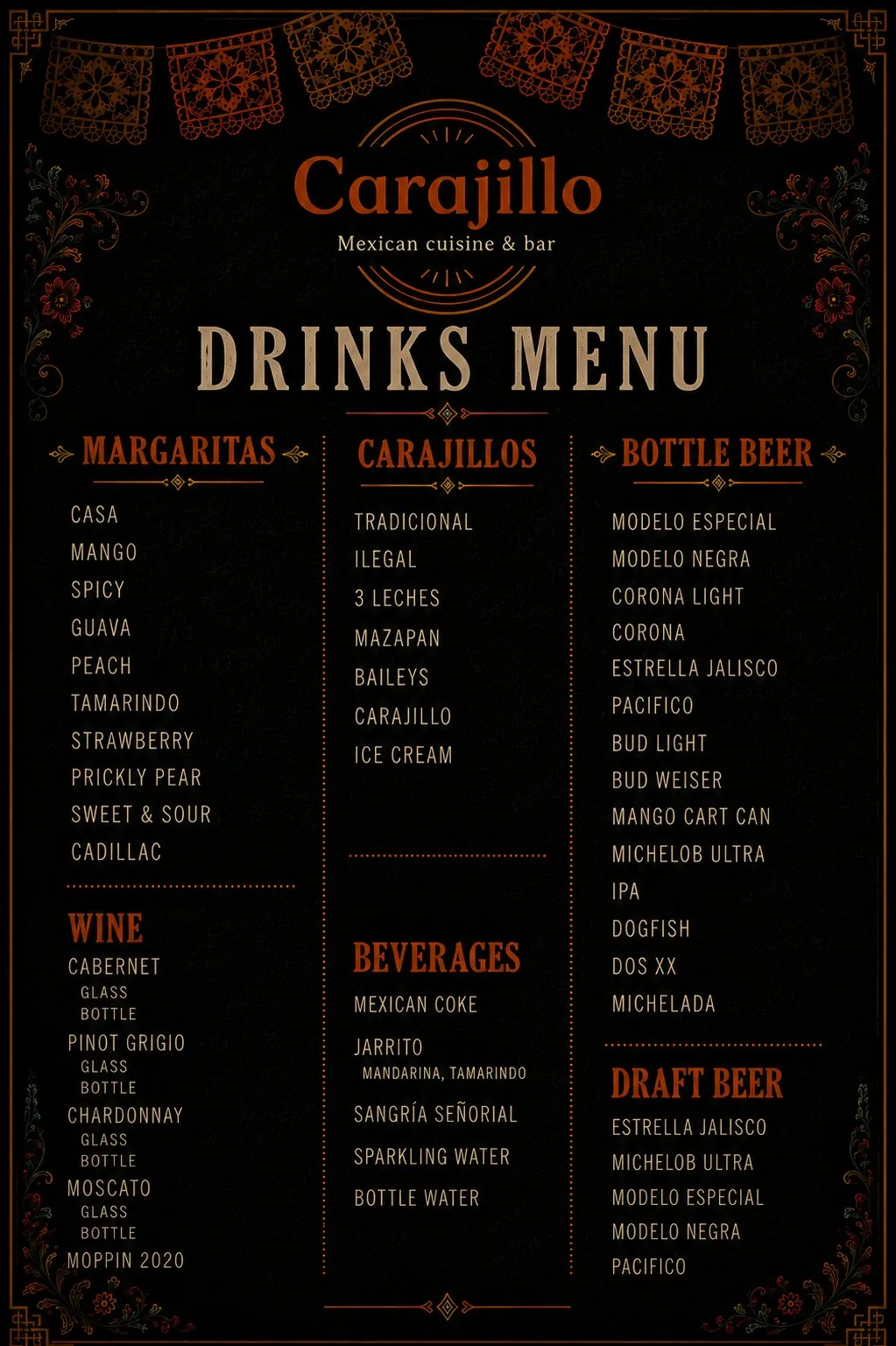 Carajillo drinks menu: margaritas, 7 Carajillo espresso cocktails, beer, wine, Las Vegas