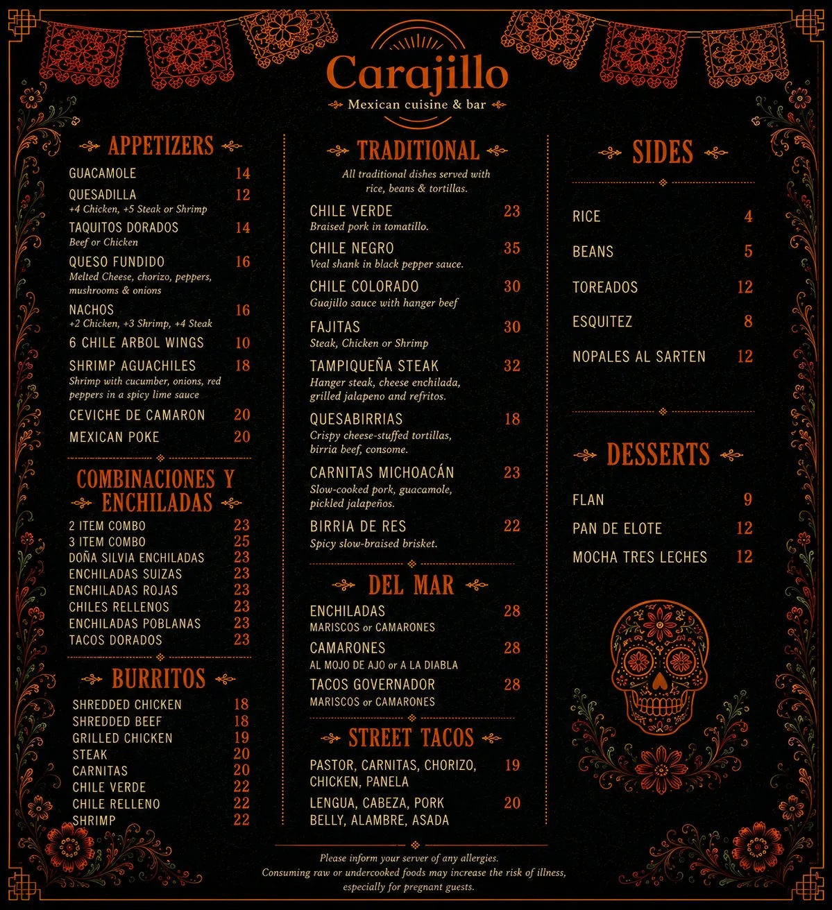 Carajillo food menu: appetizers, birria, quesabirrias, street tacos, enchiladas, fajitas, Downtown Las Vegas